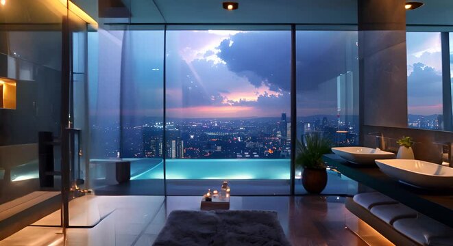 A bathtub on a tall building looking out over the big city.