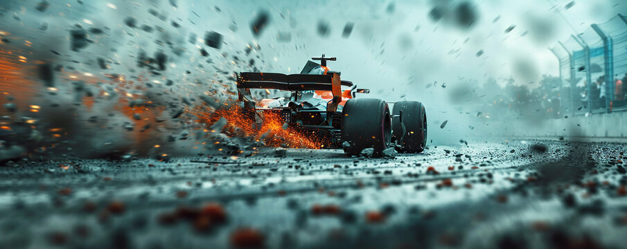 A dramatic scene of formula car crashing with debris flying during competition event. Dangerous sport