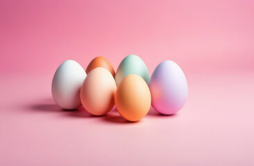 Naklejka na ściany i meble Painted eggs in pastel colors on a pink background. Easter concept.