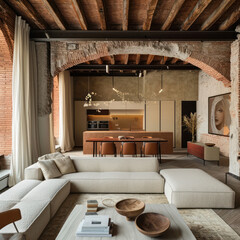 italian mansion living room loft decoration  timber ceiling 