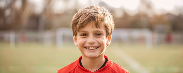 Cheerful ten years old boy in soccer uniform smiling on a backdrop of soccer pitch. Sports and active leisure for young kids.