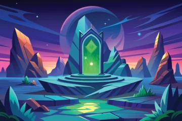 Foto auf Acrylglas Dunkelblau Night scene with magic portal, fantastic energy door to alien world. Vector game background with cartoon fantasy illustration of mountain landscape with mystic green glowing in wooden frame