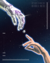 Poster. Modern aesthetic artwork. People and robots. Robotic and person's hands l reaching towards...