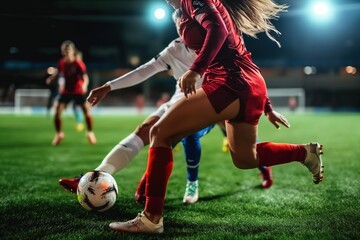 Obraz na płótnie Canvas Female soccer player kicking ball on sports field during game.