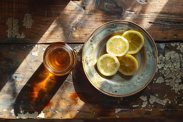 Atop the table sits a vintage mason jar filled with golden honey, its amber hues catching the light and gleaming invitingly. Beside the jar, a few slices of fresh lemon rest on a small ceramic plate,  - obrazy, fototapety, plakaty