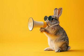 Cool bunny in sunglasses with megaphone on yellow background