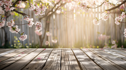 春らしい陽気。桜と木のテーブル。バナー背景 - obrazy, fototapety, plakaty