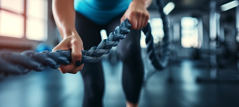 Fitness woman working out with battle rope at gym, copy space for text placement