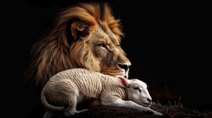 realistic illustration of a lion next to a lamb, expressing protection generative ai