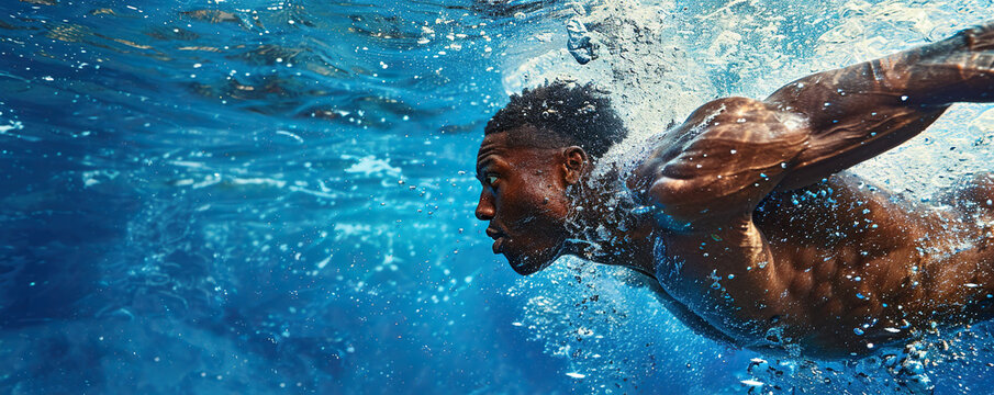 Professional African American swimmer underwater following a jump into the abyss - Powered by Adobe
