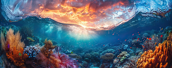 Underwater magic: Split view of sunlit sea and vibrant underwater scene