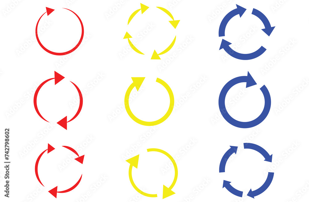 Poster set of circle arrows rotating on white background. refresh, reload, recycle, loop rotation sign coll