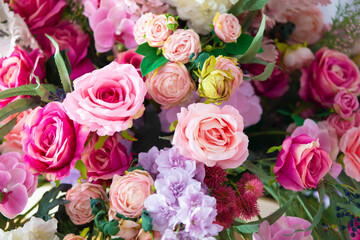 Floral colorful background. Bouquets of roses close-up.