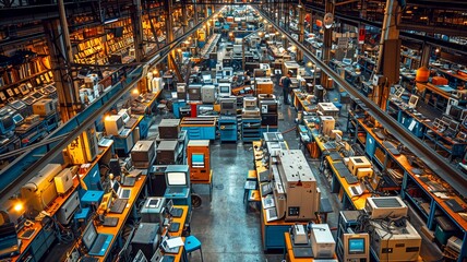 overall atmosphere of an electronic waste recycling center, wide view of the facility, busy and lively - Powered by Adobe