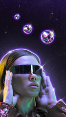 Poster. Modern aesthetic artwork. Portrait of woman with reflective visor glasses, surrounded by floating metallic orbs and stars. Futuristic art style. Concept of metaverse, technology. Retro wave