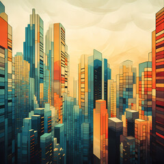 Abstract architectural patterns in a city skyline.