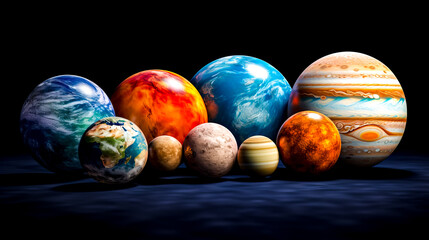 Row of planets in row on black background with black background.