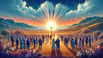 Easter Resurrection: Crowd Gathered Around the Cross at Sunrise
 - obrazy, fototapety, plakaty