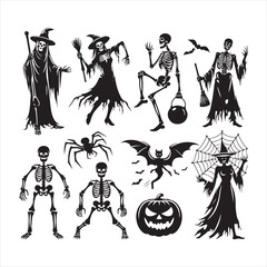 Fototapeta na wymiar Bewitching Halloween Skeleton Set of Silhouette - Conjuring the Essence of Shadows with Skeleton Vector - Halloween Silhouette 