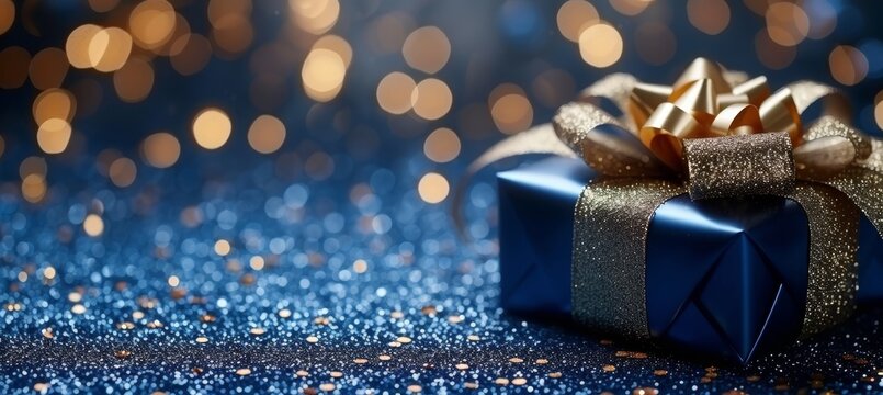 Navy blue gift box with satin ribbon and golden glitter on blue background for various occasions.
