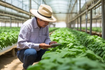 Senior asian man farmer using digital tablet to monitor plants in modern greenhouse