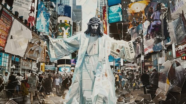 Jesus, in modern artistic style, standing in the center of the image of a city all constructed from newspaper cut-outs.