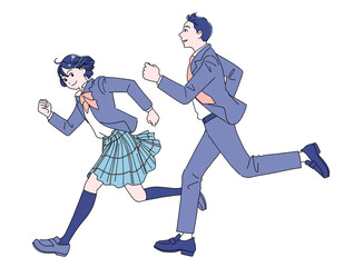走り出す元気な男女の学生たち