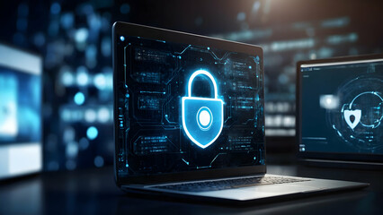 cyber security concept the lock on desktop screen of laptop