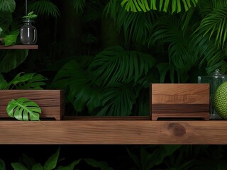 Free image of a wooden shelf in a tropical forest with a dark green backdrop to showcase products