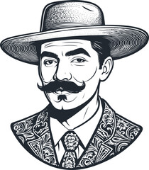 Portrait of a young Mexican man with a mustache and a hat, vector illustration - 742801058