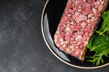 meat terrine slice pate Campagne meat loaf pork meat pie tasty fresh healthy eating cooking appetizer meal food snack on the table copy space food background