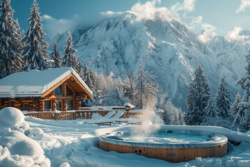 serene landscape adorned with snow-capped mountains, a cozy hot tub, and evergreen trees