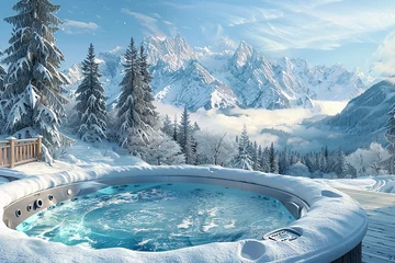 Deurstickers serene landscape adorned with snow-capped mountains, a cozy hot tub, and evergreen trees © danedwards