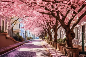 Fotobehang A charming street adorned with blooming cherry blossoms in spring, creating a picturesque scene of natural beauty and seasonal renewal. © Людмила Мазур
