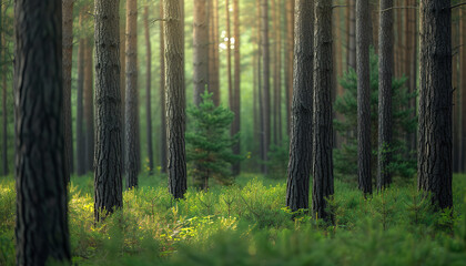 Dense forest view capturing trees in various life stages - from saplings to towering mature trees -...