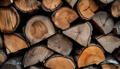 Layers of stacked firewood showing intricate wood grain - wide format