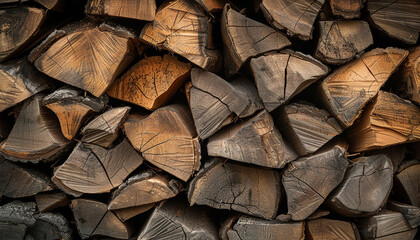 Fototapeta premium Rows of firewood ready for burning - revealing the beautiful and varied grain patterns and textures of the wood - wide format