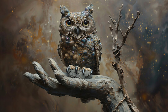 A surrealistic image of an owl with eyes like galaxies, perched on a branch that grows from the palm of a giant stone hand emerging from the earth.
