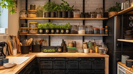 A zero-waste kitchen setup with bulk bins, reusable containers, and composting solutions, all...