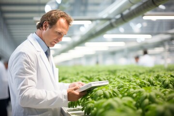 caucasian middle aged male farmer in a white coat using tablet computer to monitor the greenhouse