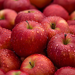 Many red apples with water droplets on them
