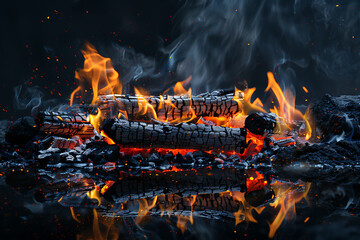 a fire is seen on a black background in the style of 