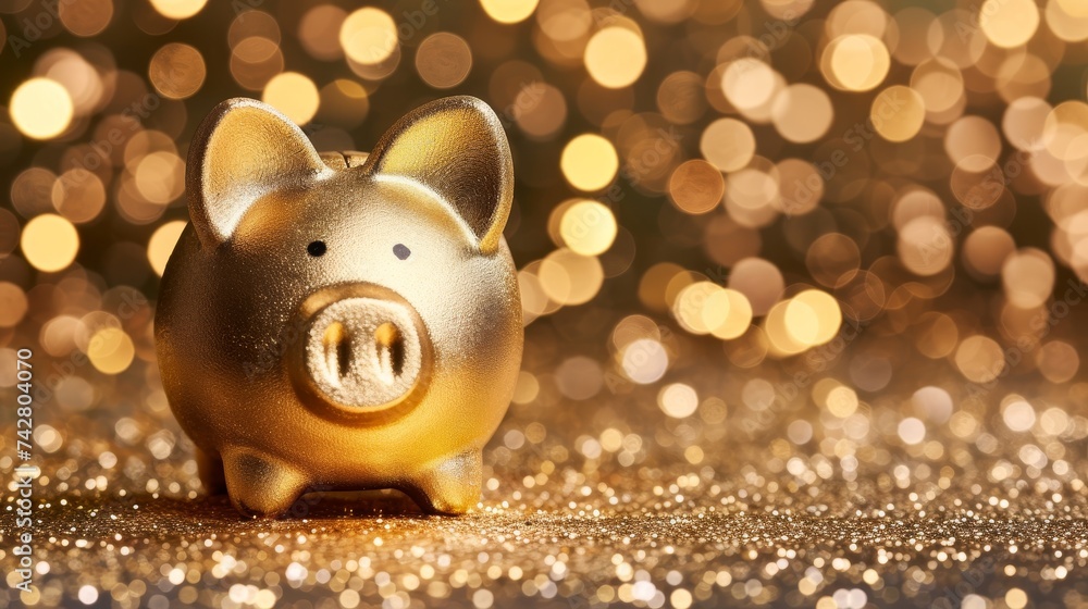 Poster golden piggy bank on blurred background with space for creative text placement and design concepts.