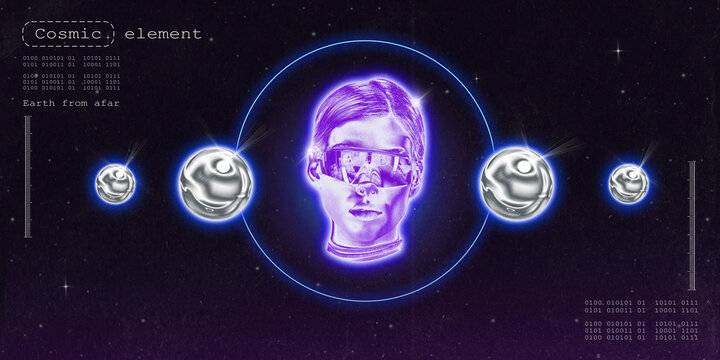 Poster. Contemporary art collage. Sci-fi themed visual with head encircled by halo, flanked by metallic planets and binary code. Futurism art style. Concept of metaverse, space exploration. Retro wave