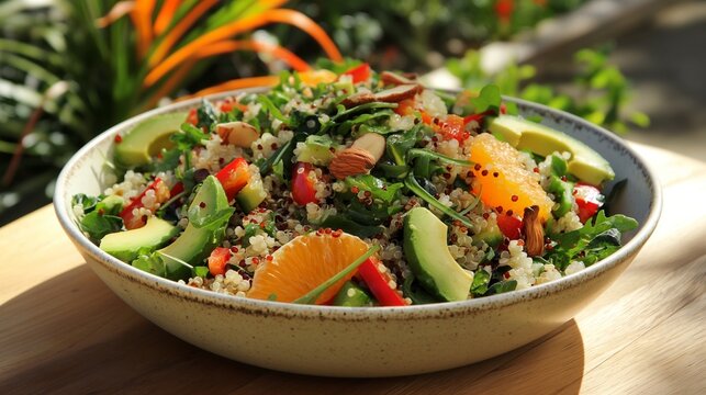 An image of a bright and colorful quinoa salad, mixed with red bell peppers, cucumber, orange segments,