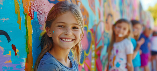 Happy children participate in a community art project, painting colorful murals on neighborhood...