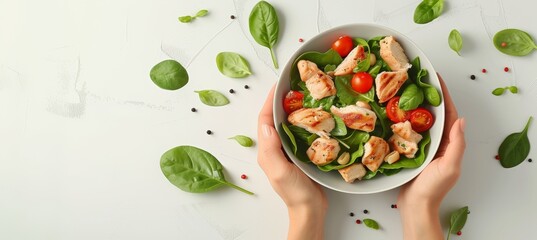 Woman s hands holding salad bowl, top view, healthy eating concept, copy space for text.