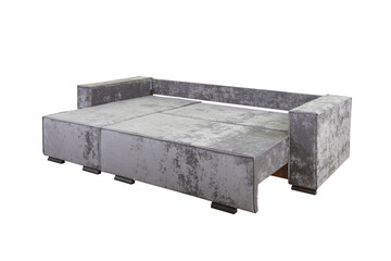 Gray unfolded sofa with velor fabric pillows isolated on a white background. Cushioned furniture.