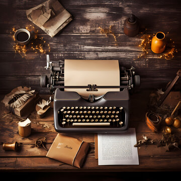 A vintage typewriter on a rustic wooden desk with scattered papers.