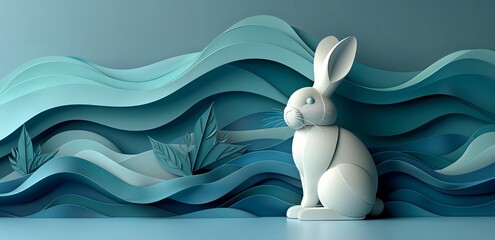 happy easter bunny silhouette illustration, in the style of paper cut-outs, dark azure and light aquamarine, layered organic forms, 3d, sculpted, poster. Generative AI